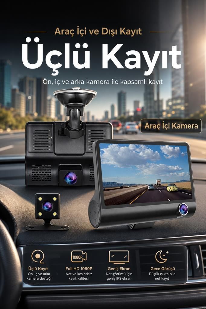 Gösterge paneli, önden, içeriden ve arkadan kayıt yapan üç araç kamerasıyla.