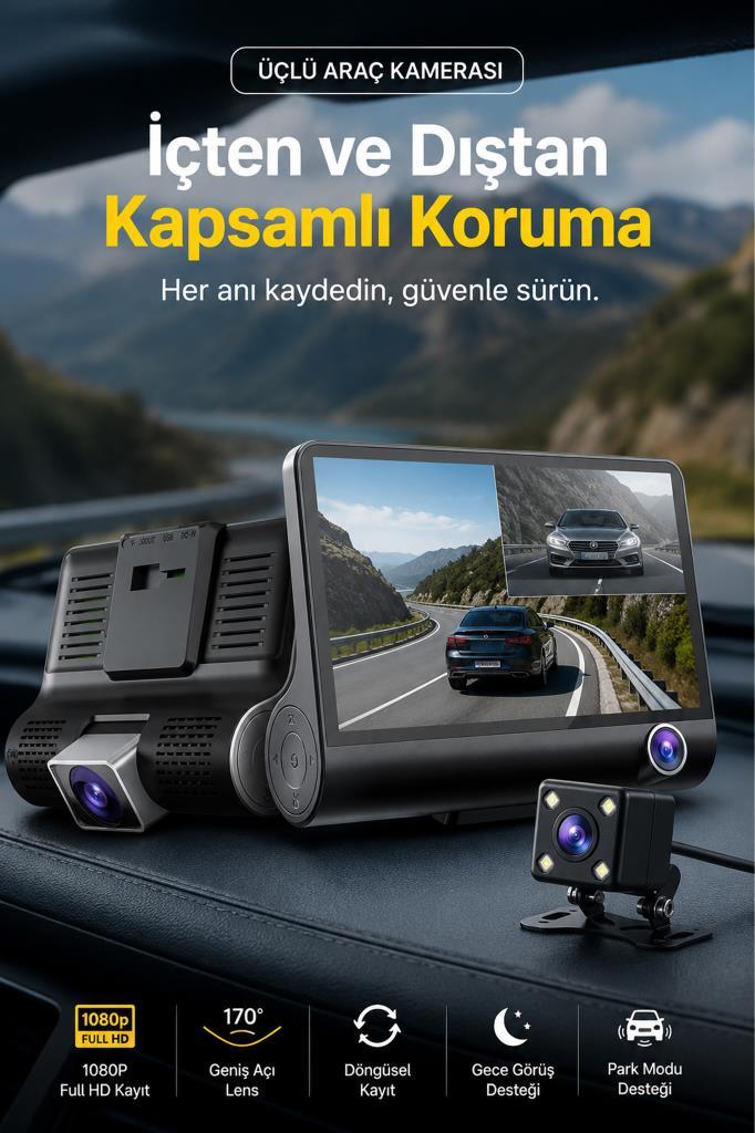 Üçlü araç kamerası sistemi, ekranında bir yol sahnesi gösteriyor.