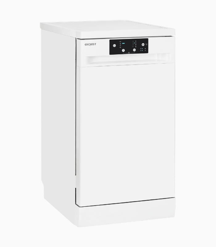 Un lavavajillas blanco con panel de control arriba.