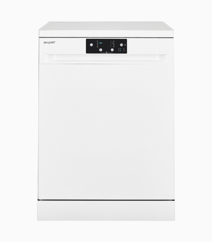 Un lavavajillas blanco con panel de control e indicadores negros.