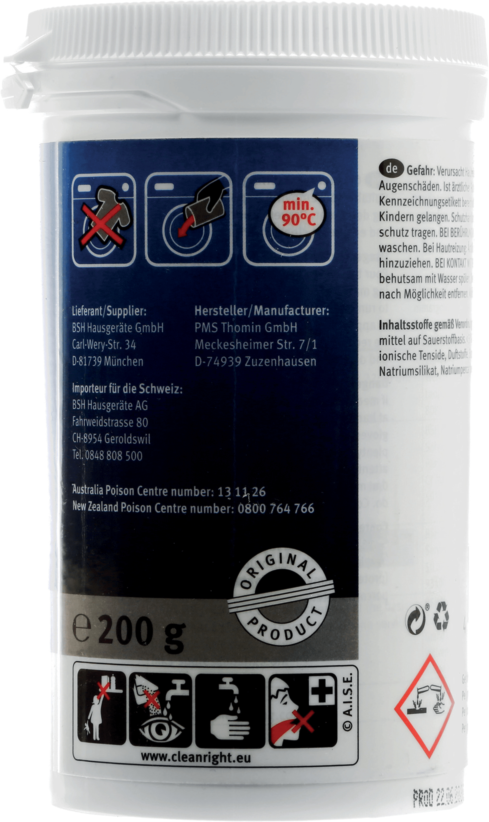 Contenitore bianco con simboli blu: non lavare vestiti, lavatrice, 90°C, icone di avvertimento.