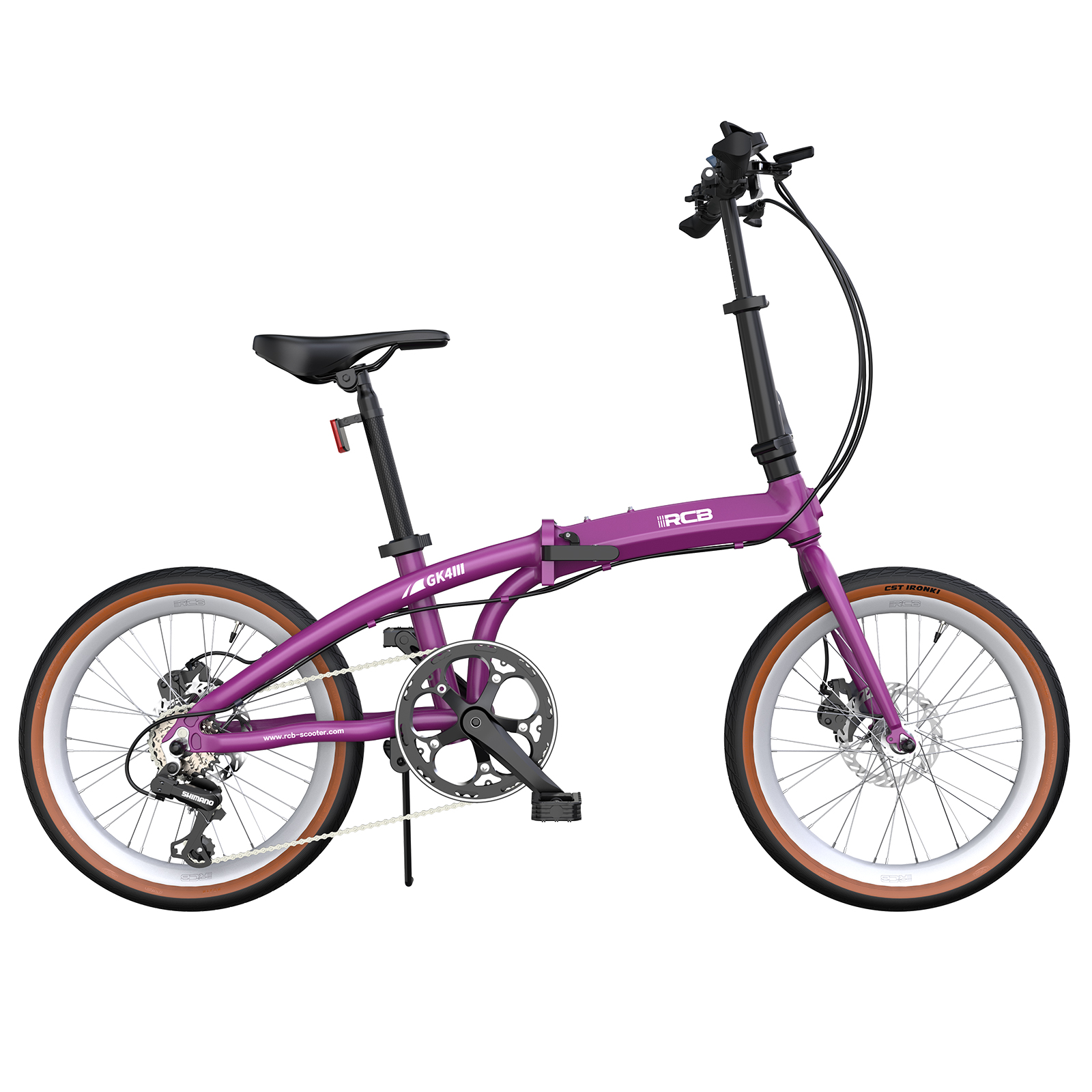 Bicicletta pieghevole viola con pneumatici marroni e cerchi argentati.