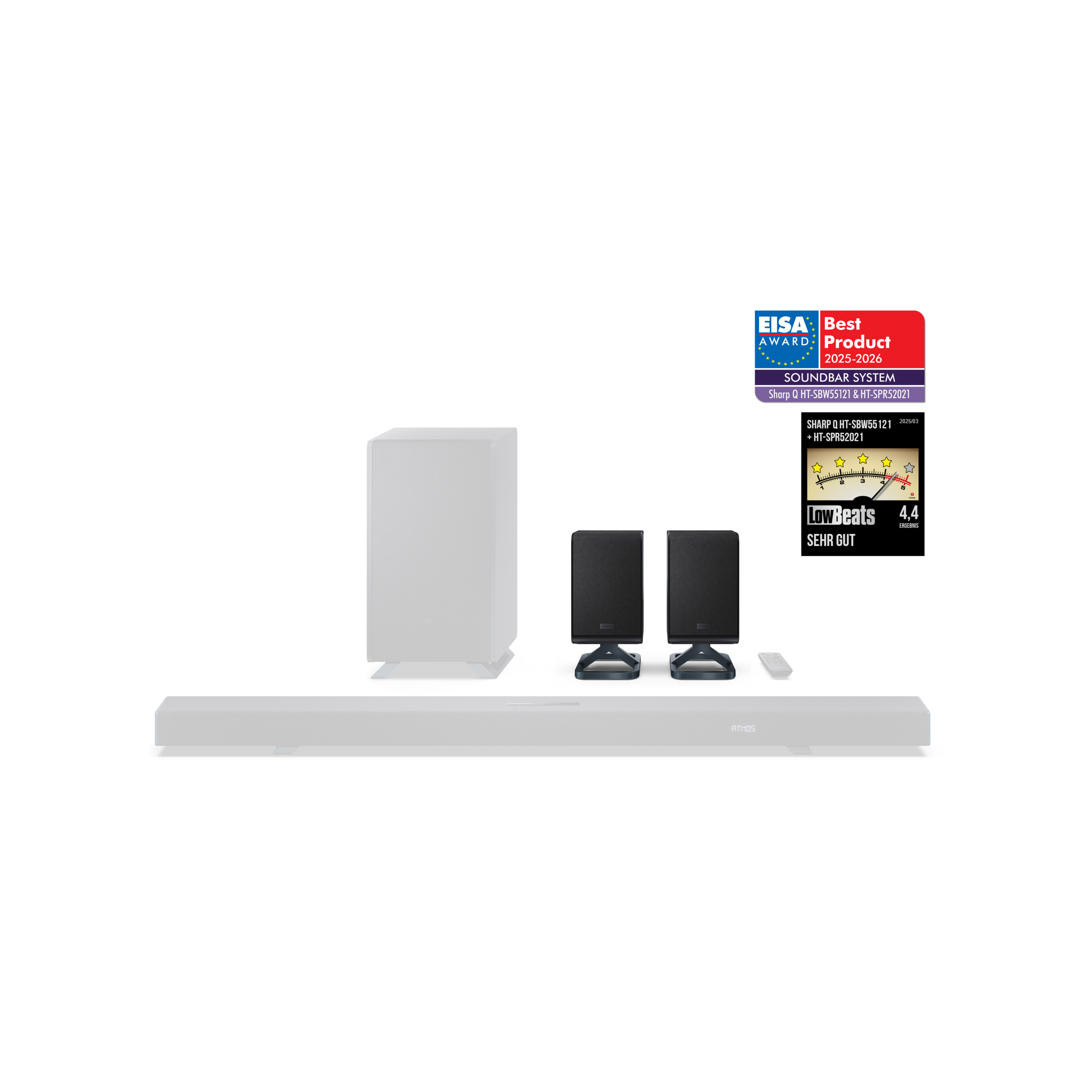 Ein Soundbar-System mit Subwoofer, zwei Lautsprechern und Fernbedienung, mit Auszeichnungen.