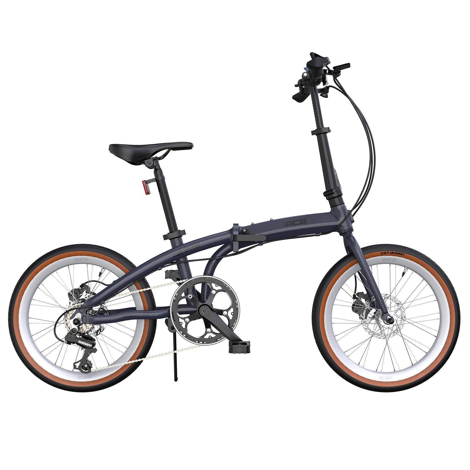 Una bicicletta pieghevole grigio scuro con pneumatici marroni e cerchi argentati.
