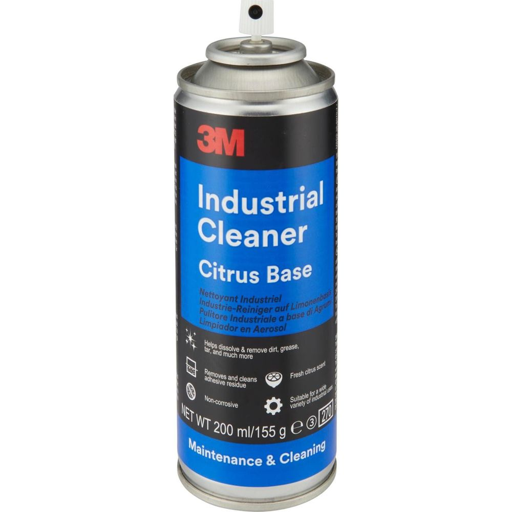 Una bomboletta spray 3M Industrial Cleaner Citrus Base con dettagli prodotto e icone d'uso.