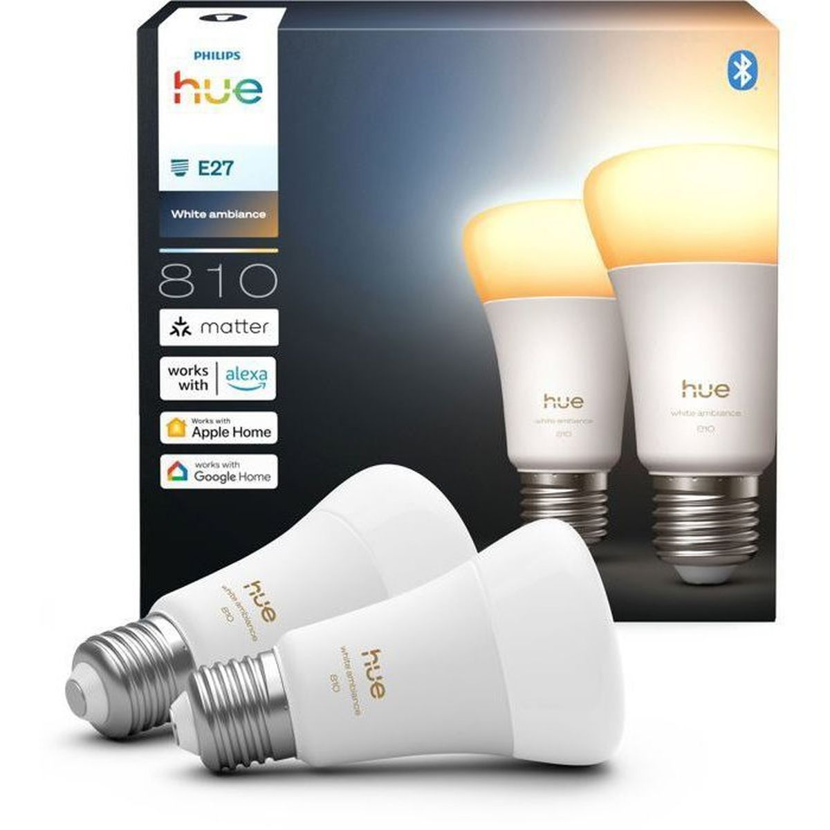 Due lampadine Philips Hue E27 bianche con supporto Matter e integrazioni app.