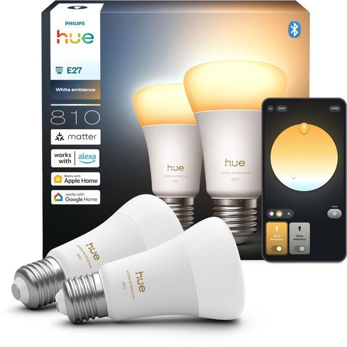Lampadine Philips Hue White Ambiance E27 con app smartphone e loghi assistente vocale.