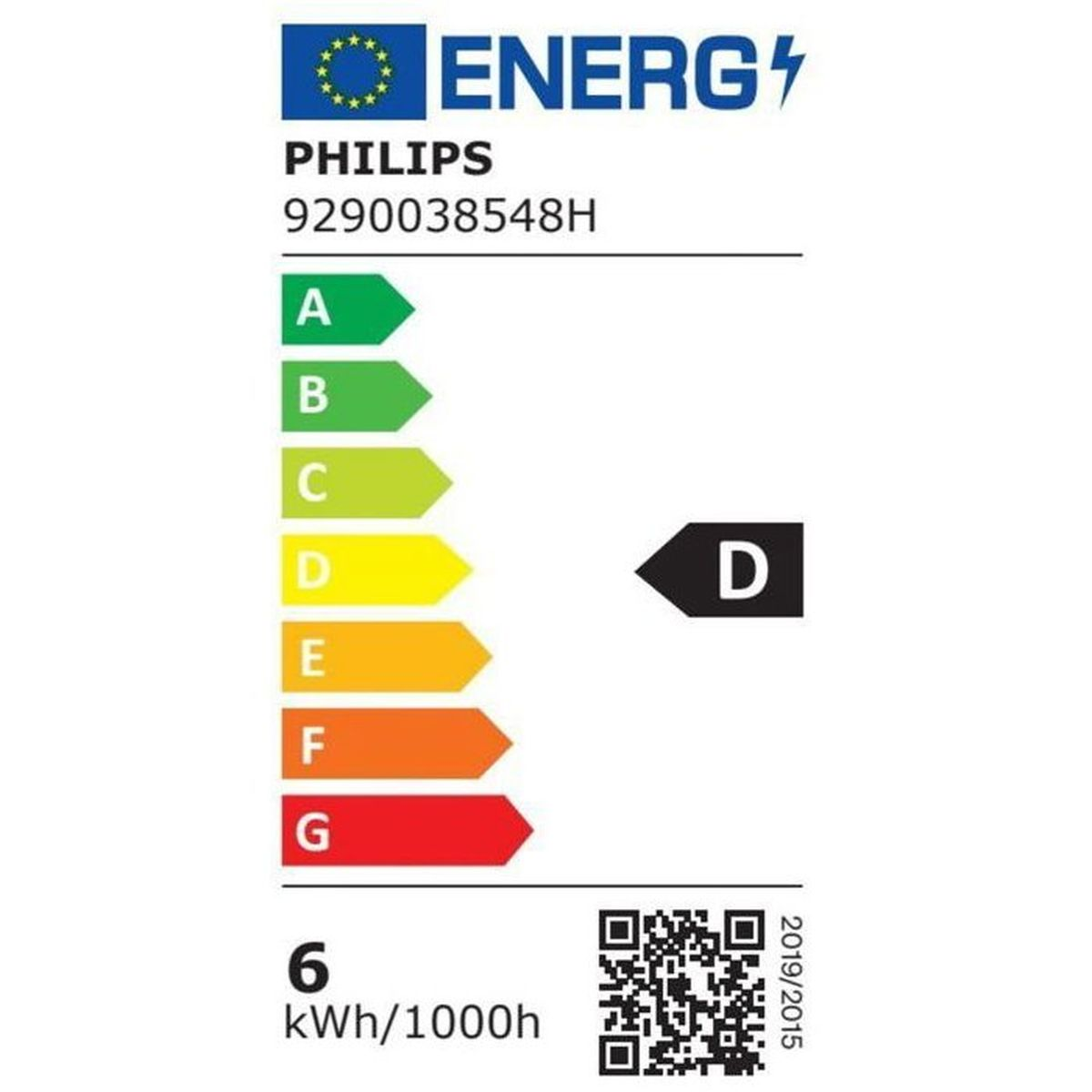 Etichetta energetica D per lampada Philips, 6 kWh/1000h, 2019/2015.