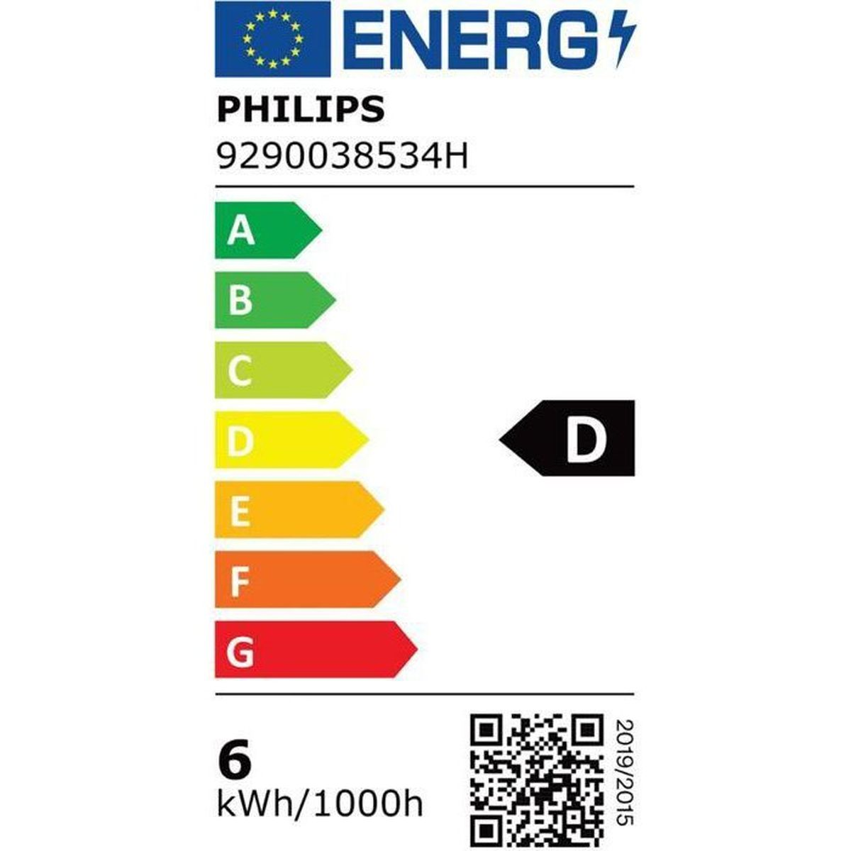 Etiqueta energética para lámpara Philips, clase D, 6 kWh/1000h.