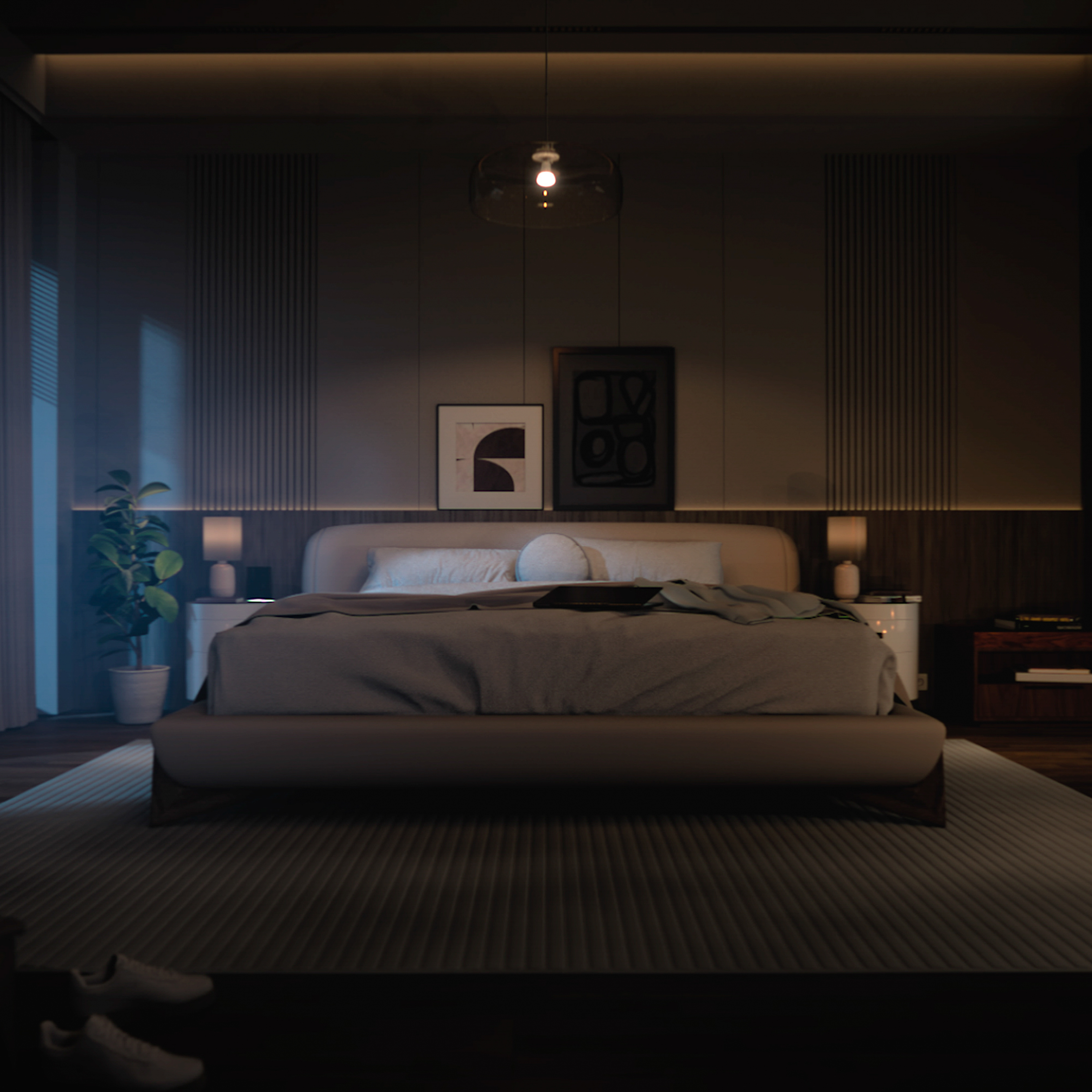 Un dormitorio oscuro con cama, mesitas de noche y plantas.