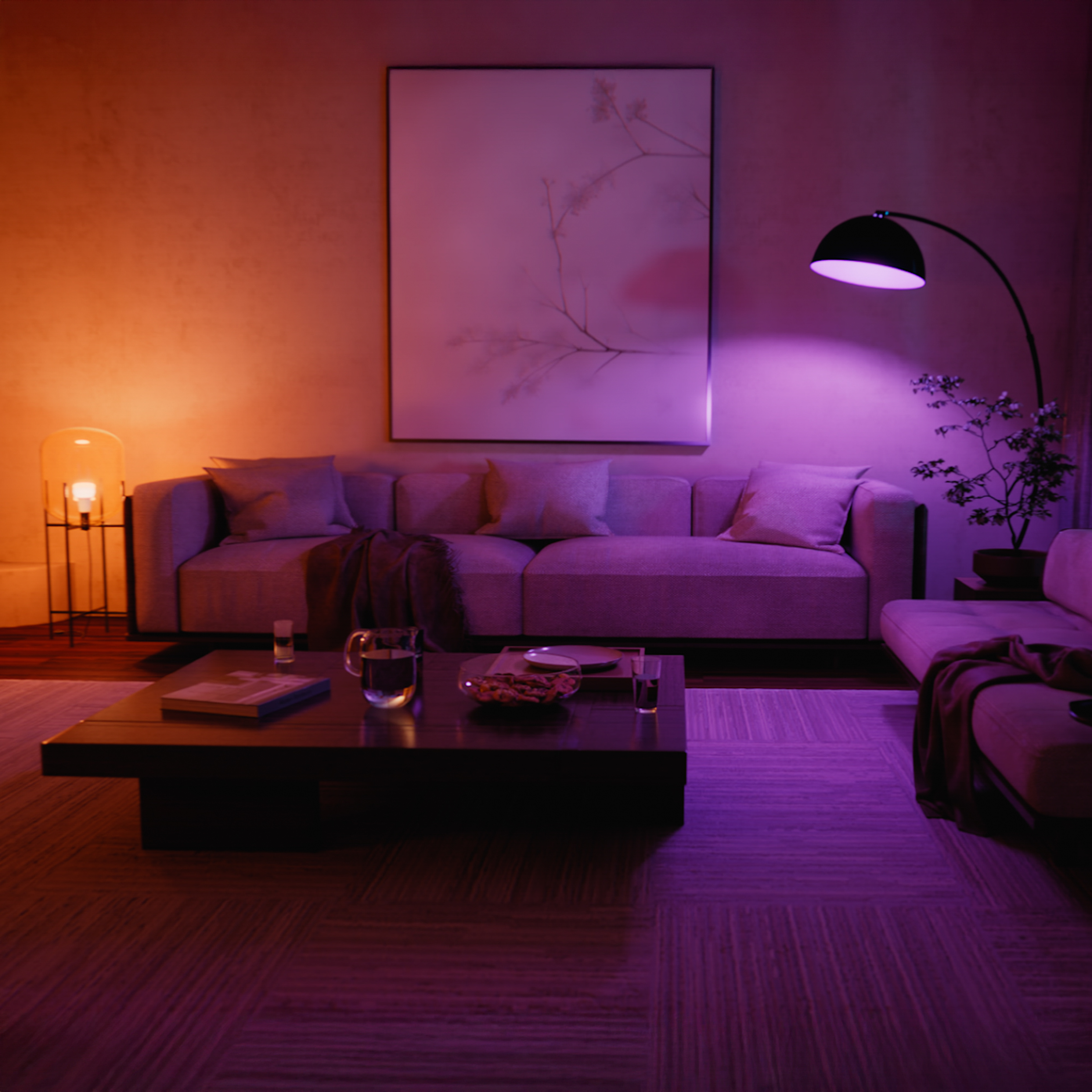 Una sala de estar con sofá, mesa de centro, lámpara y cuadro en la pared.