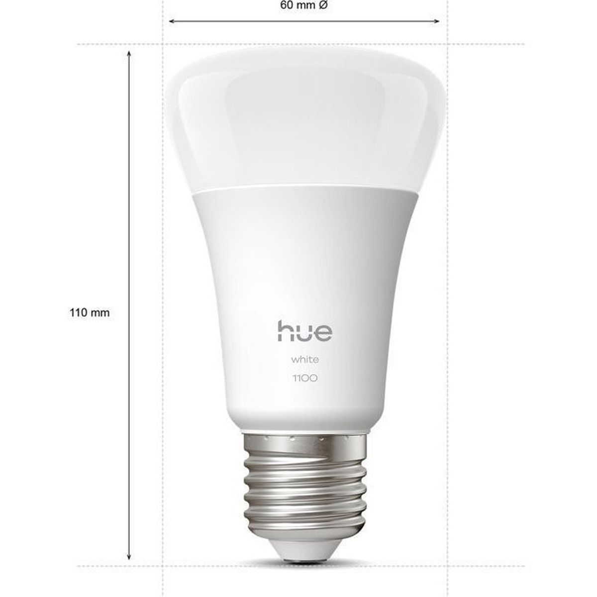 Una lampadina smart Hue bianca è mostrata con dimensioni: altezza 110 mm, diametro 60 mm.