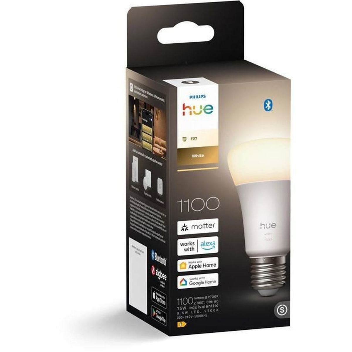 Confezione lampadina Philips Hue E27, 1100 lumen, bianca, con loghi smart home.