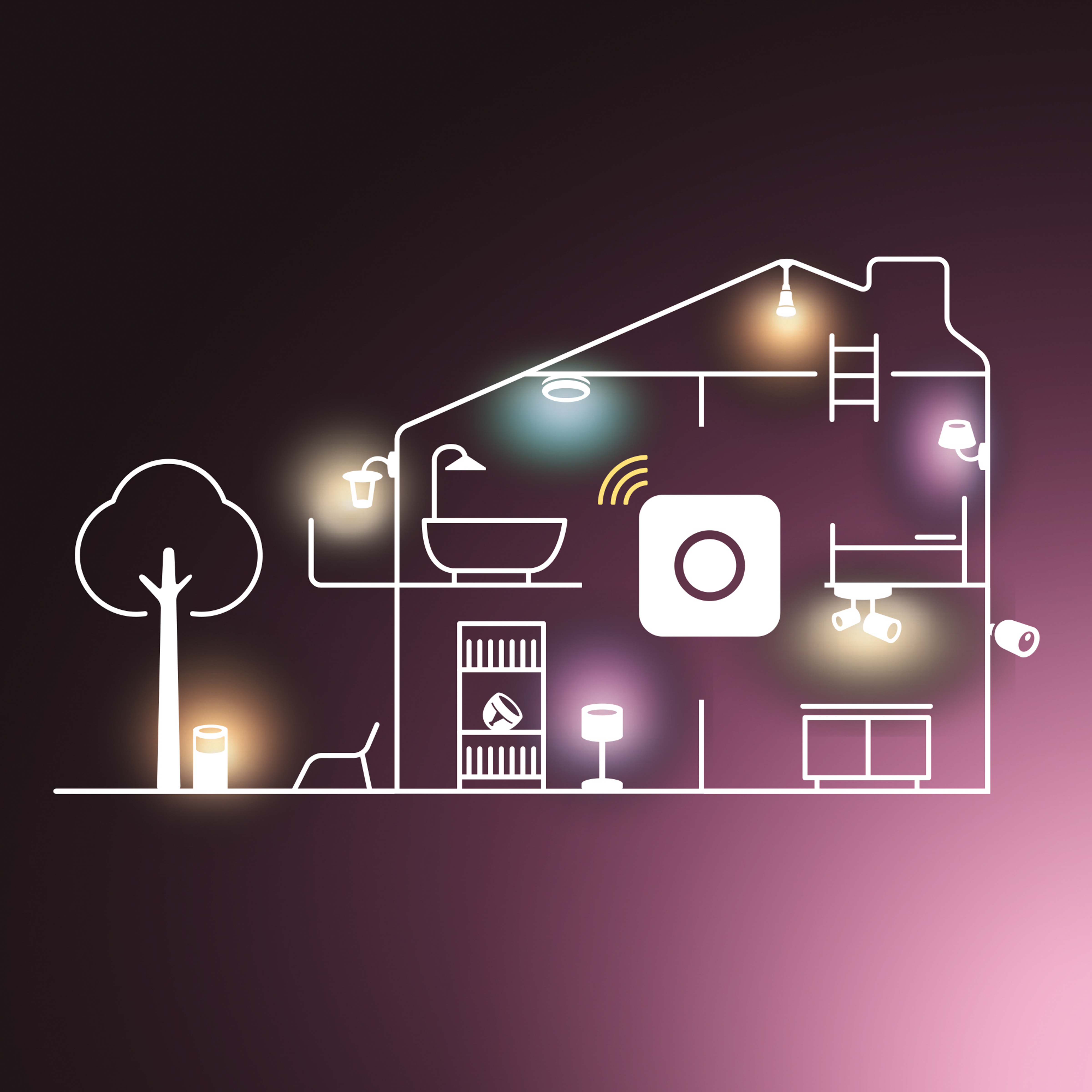 Schema di una casa con luci, telecamere e un hub intelligente.