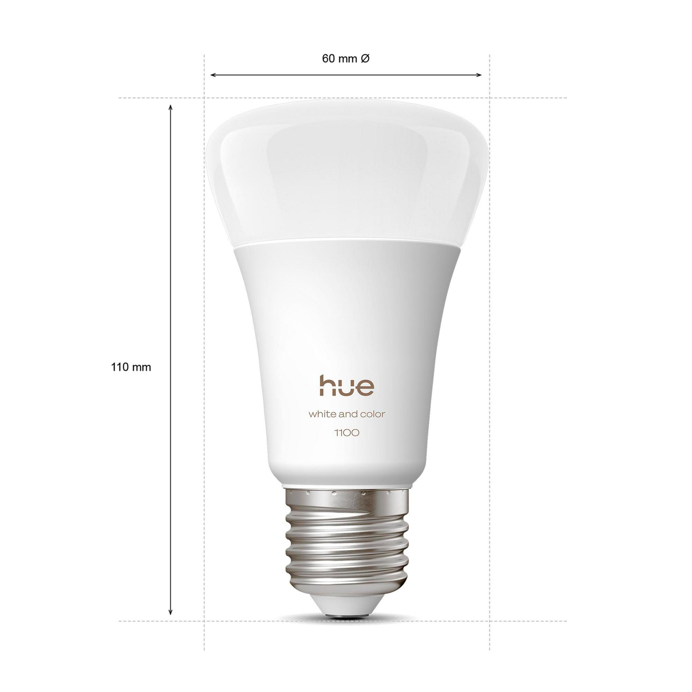 Una lampadina Hue bianca con dimensioni 110mm altezza e 60mm diametro.