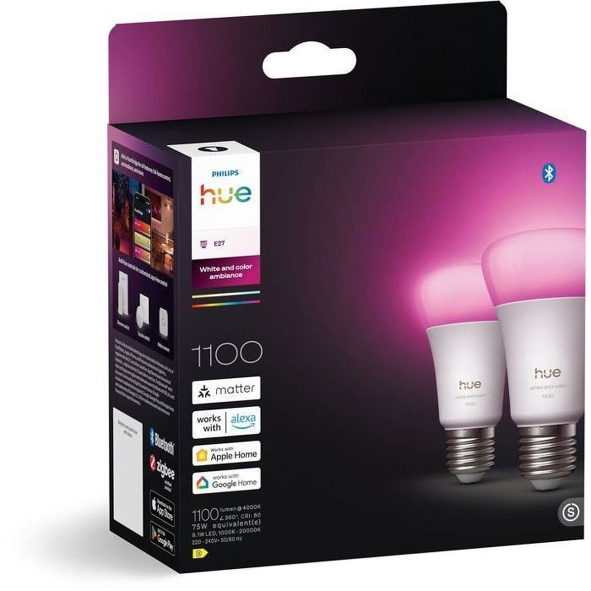Scatola per lampadine Philips Hue E27 atmosfera bianca e colorata con due lampadine accese.