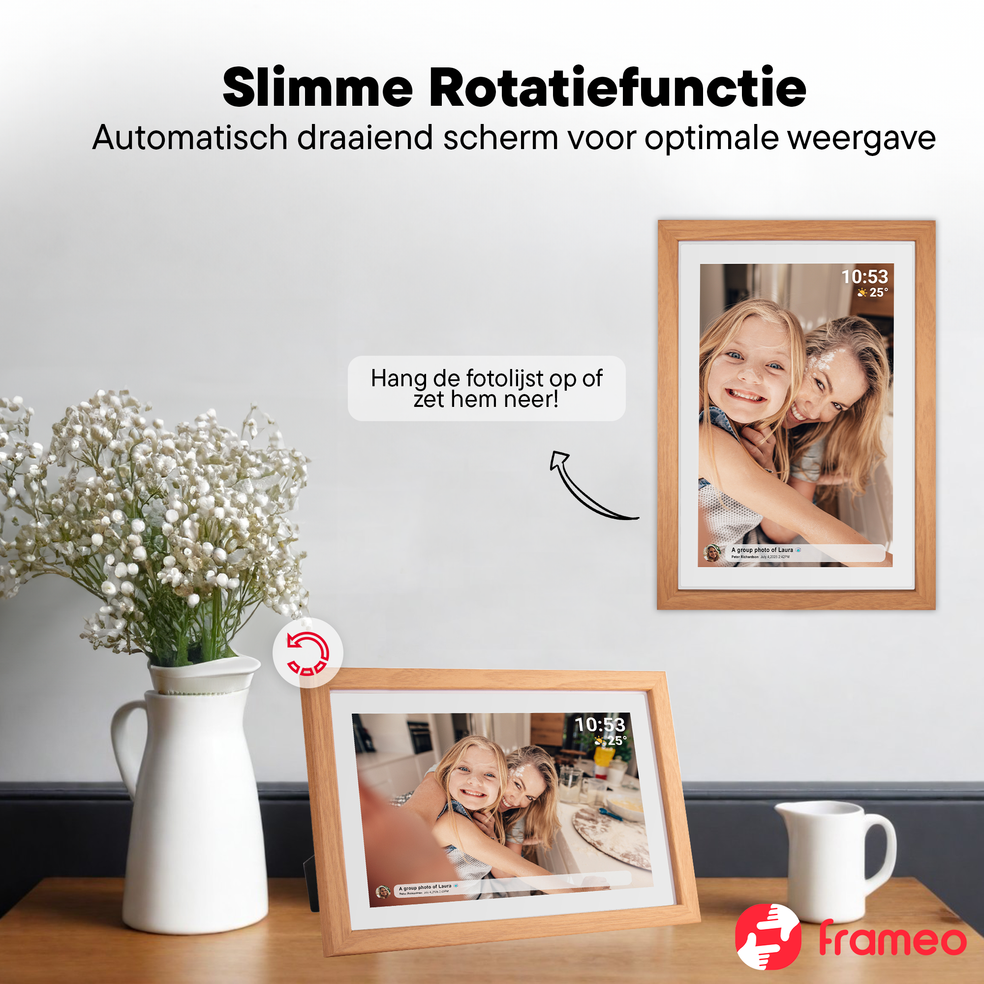 Ein digitales Fotoalbum mit zwei Bildern von Frauen und Kindern, auf einem Tisch.