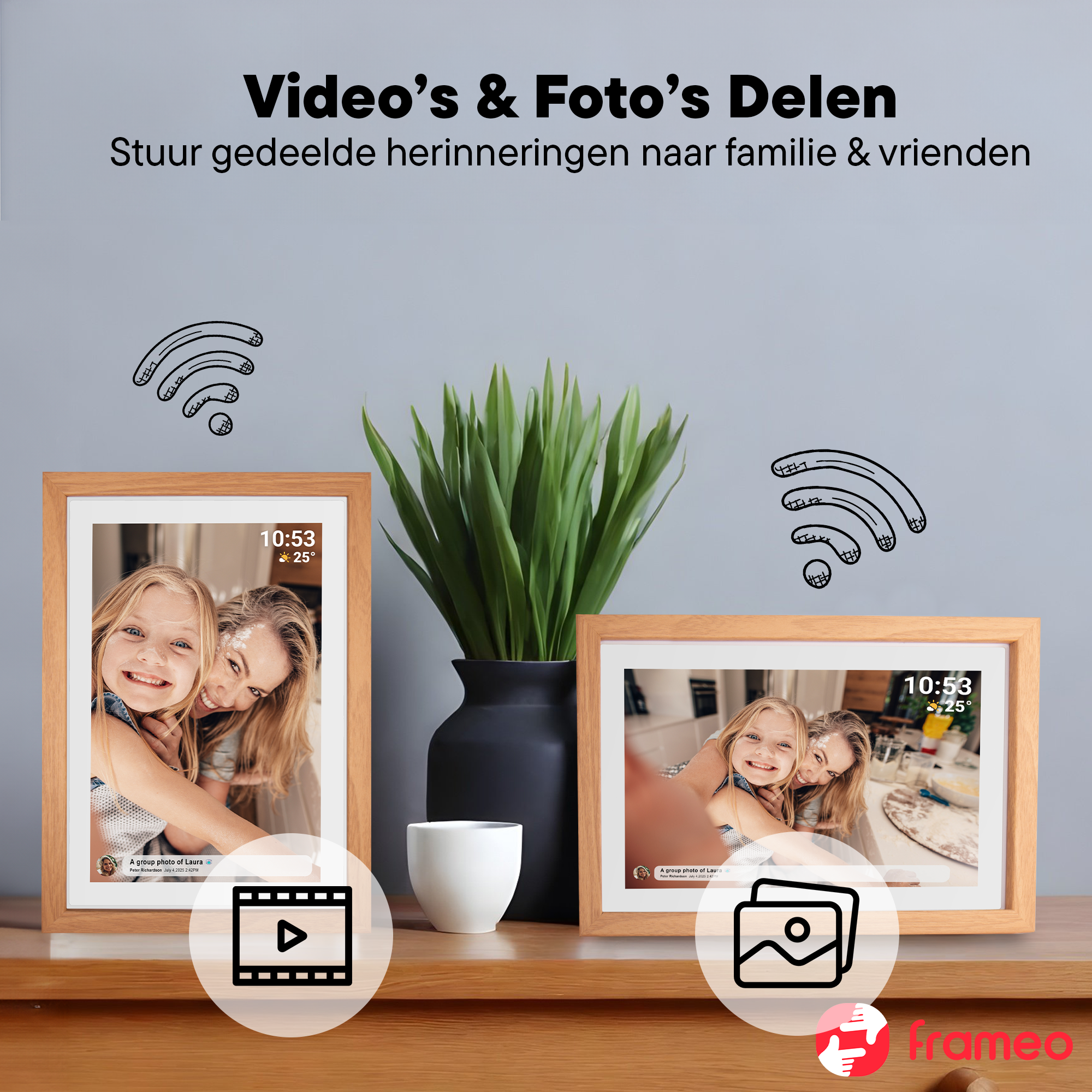 Zwei digitale Bilderrahmen zeigen Fotos von Müttern und Töchtern, mit Symbolen für Video und Foto.