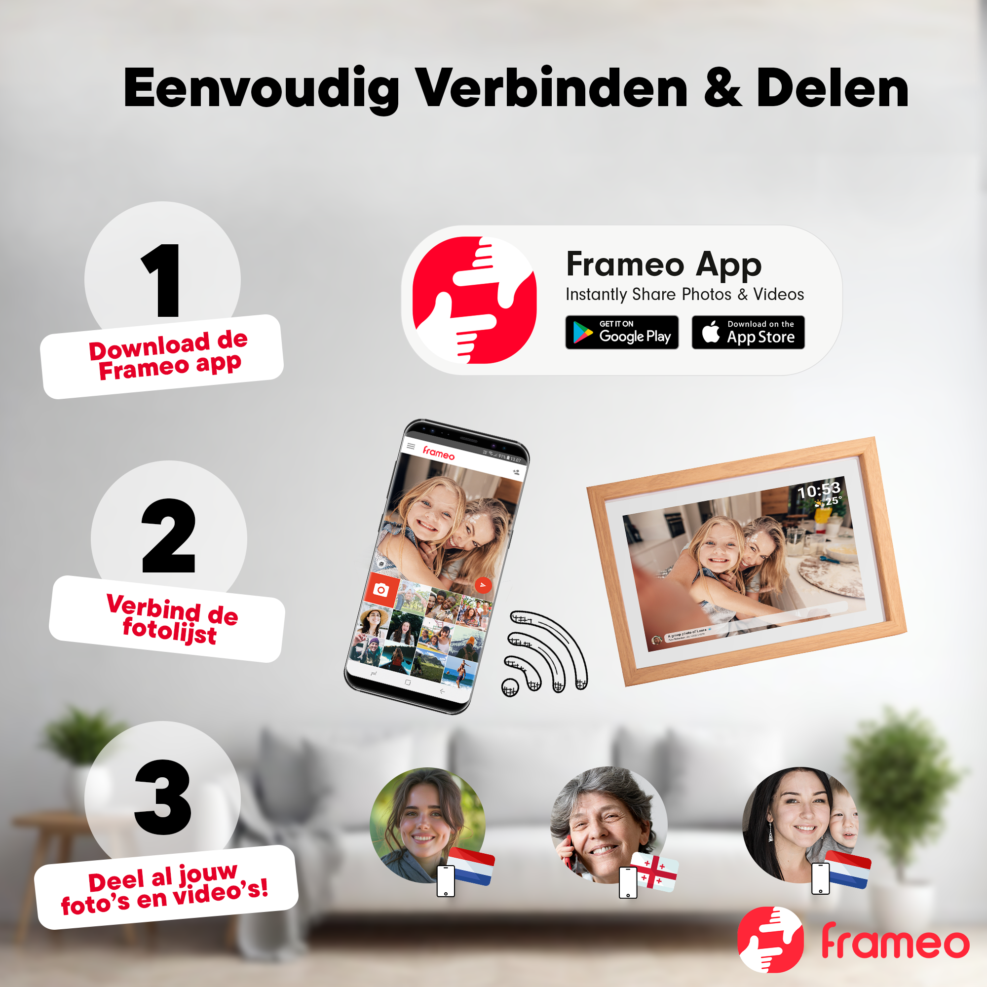 Schritt-für-Schritt-Anleitung: App herunterladen, Fotorahmen verbinden, Fotos teilen.