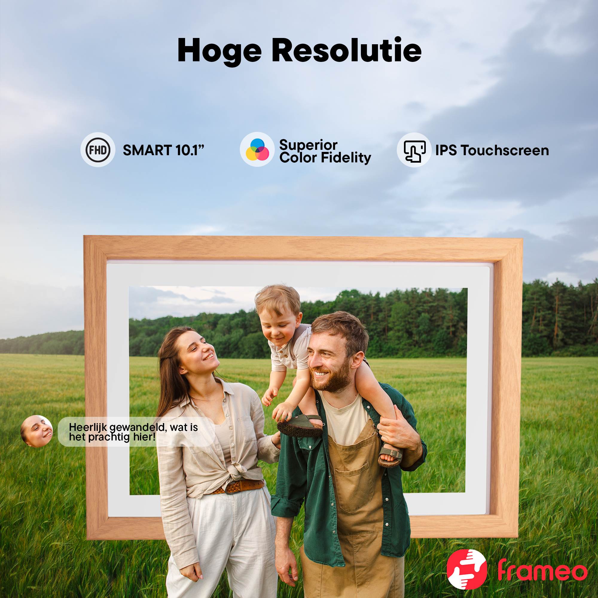 Family in a green field in front of a digital photo frame with text about high resolution.