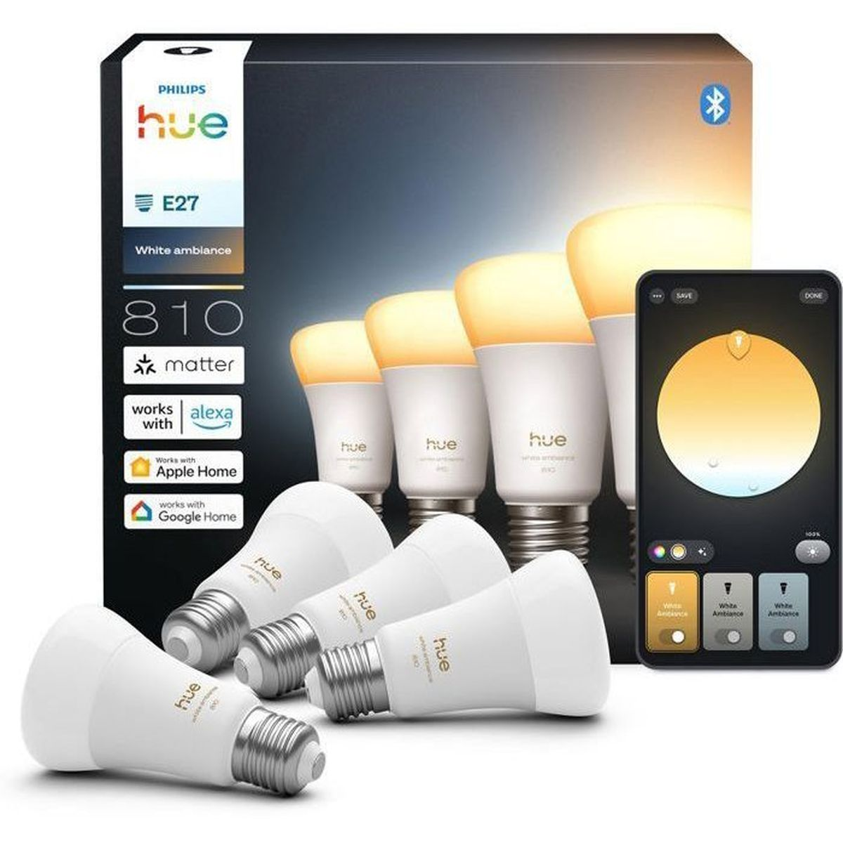 Lampadine Philips Hue con app per smartphone e confezione.