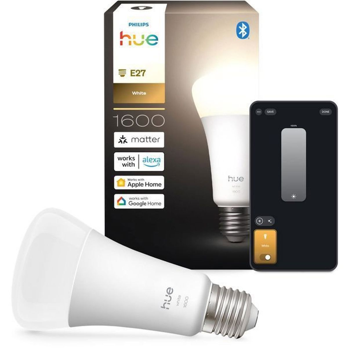 Lampadina Philips Hue E27 con confezione e app smartphone. Bianca, 1600 lumen, Matter.