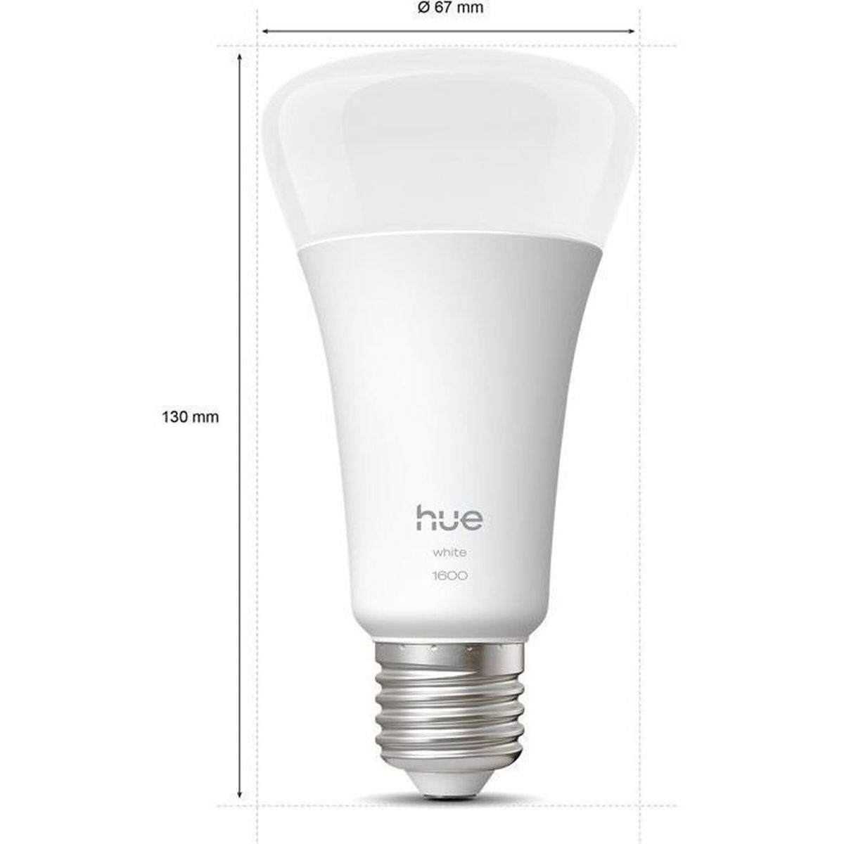 Una lampadina Hue bianca con base argentata, altezza 130 mm, diametro 67 mm.