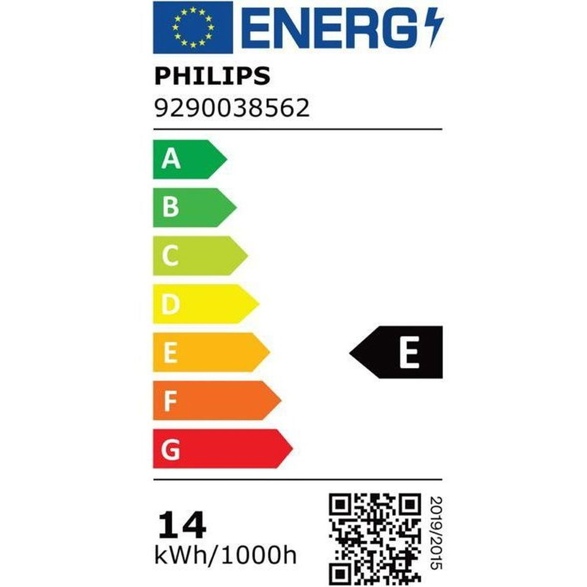 Etichetta energetica Philips, codice prodotto, classi A-G, classe E, e 14 kWh/1000h.