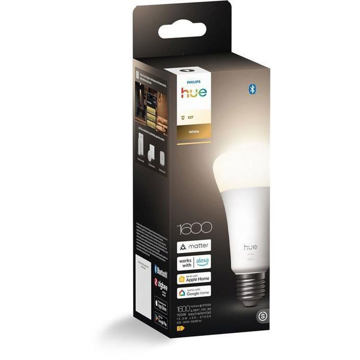 Lampadina LED smart Philips Hue con base E27, 1600 lumen, mostrata sulla confezione.