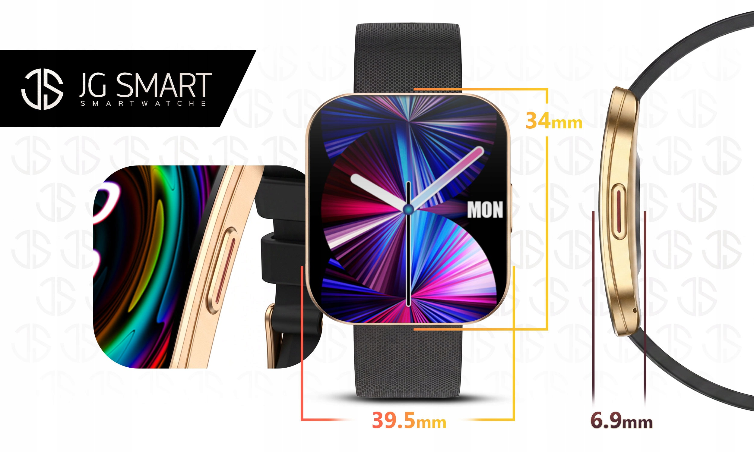 Złoty smartwatch z kolorową tarczą, szerokość 34mm, długość 39,5mm, grubość 6,9mm.