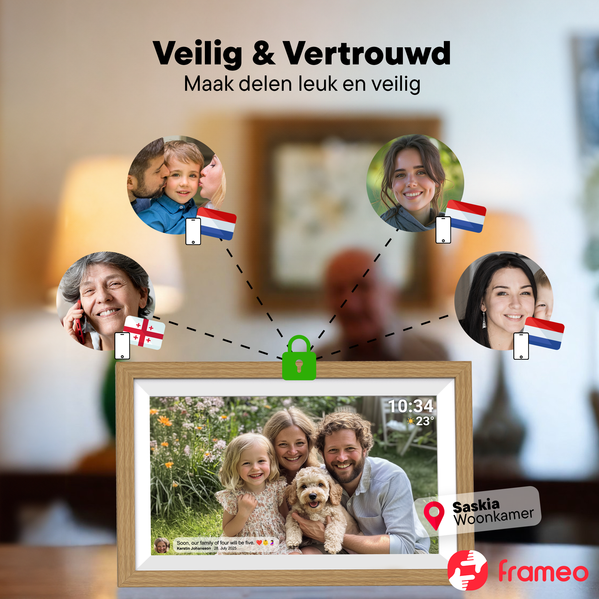 Ein digitaler Bilderrahmen zeigt eine Familie und einen Hund. Oben sind Fotos von Familienmitgliedern.