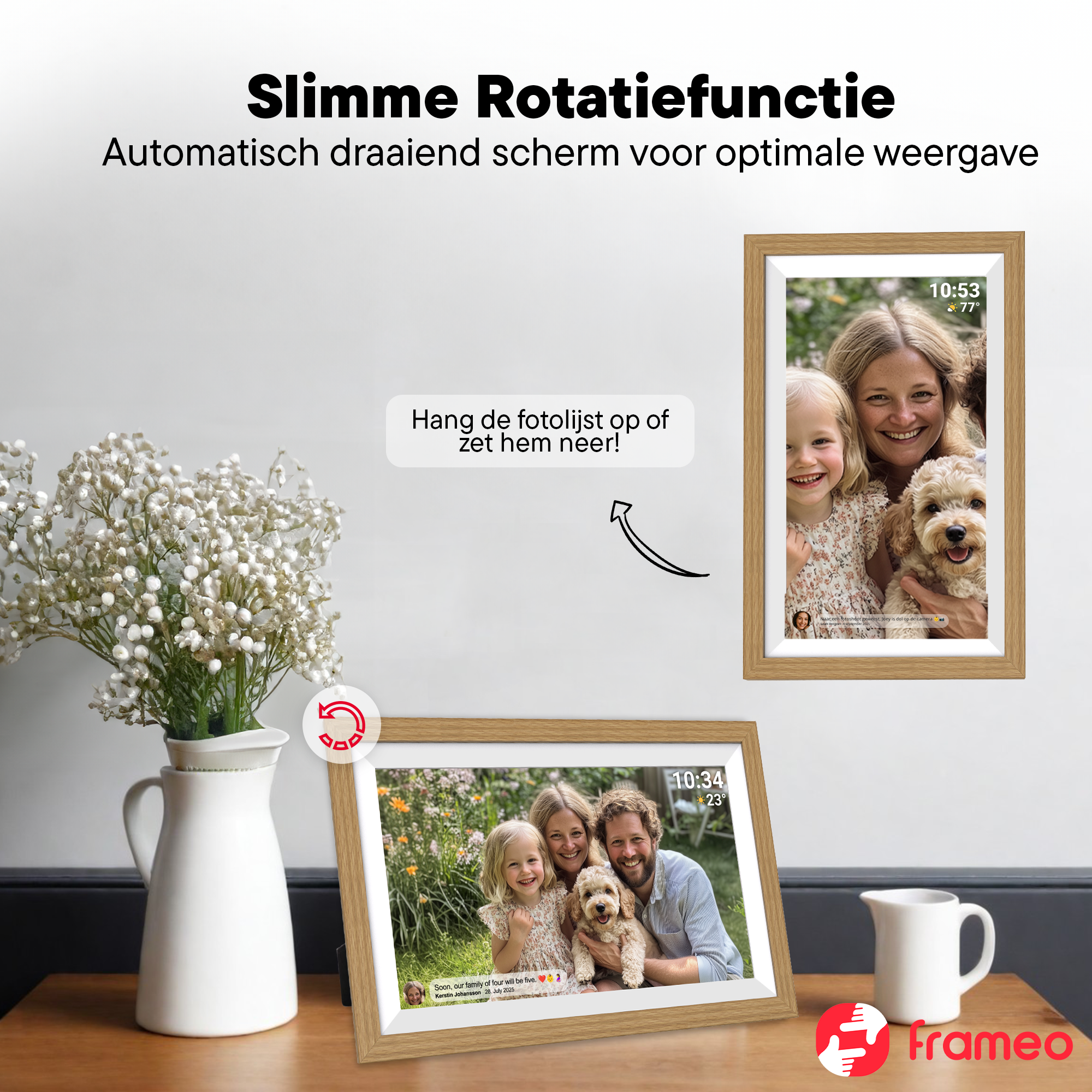 Digitale Bilderrahmen zeigt Familie, Hund, Blumen. Verstellbar für Hoch-/Querformat.