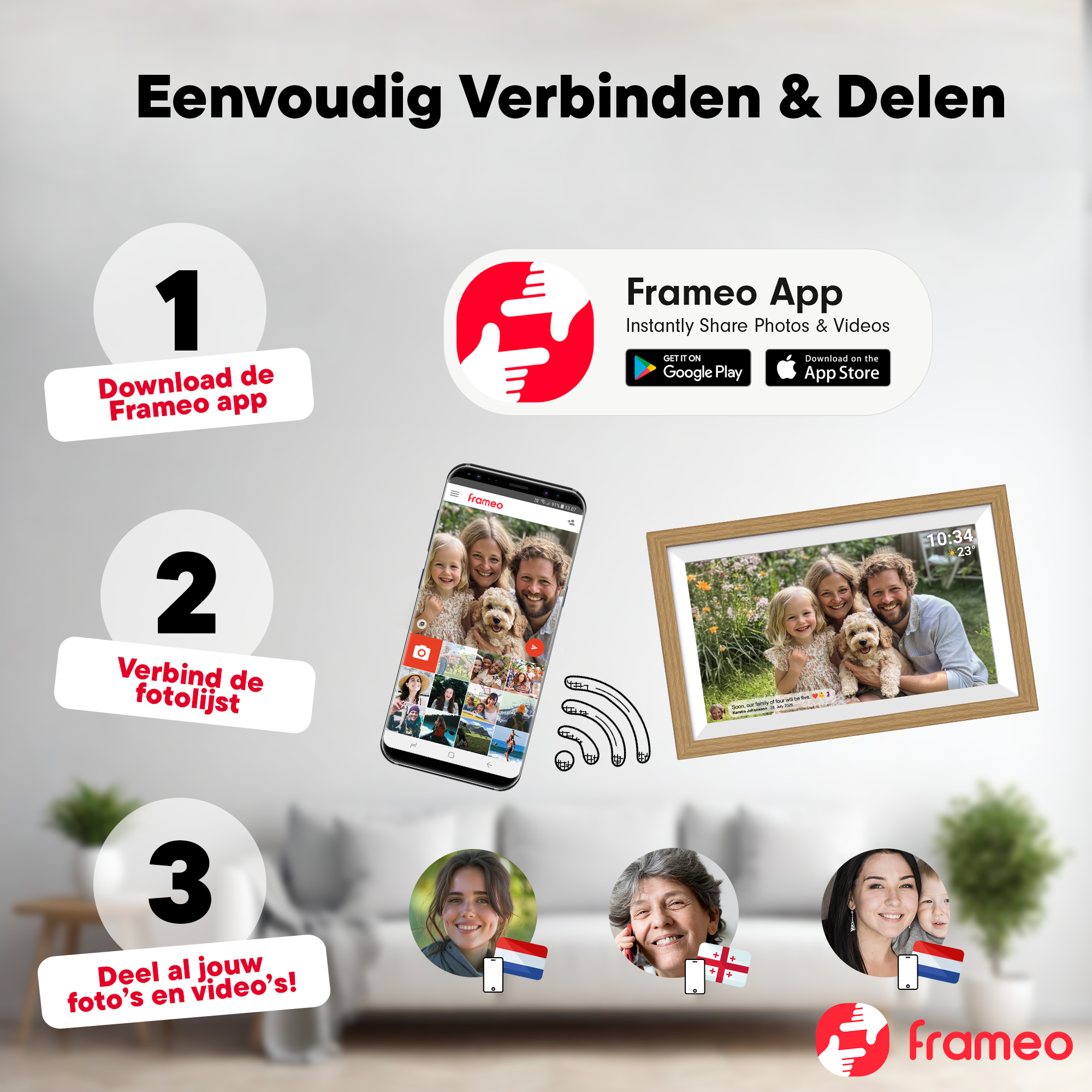 Anleitung für die Frameo App: Download, verbinden, teilen. Mit Handy und Bilderrahmen.