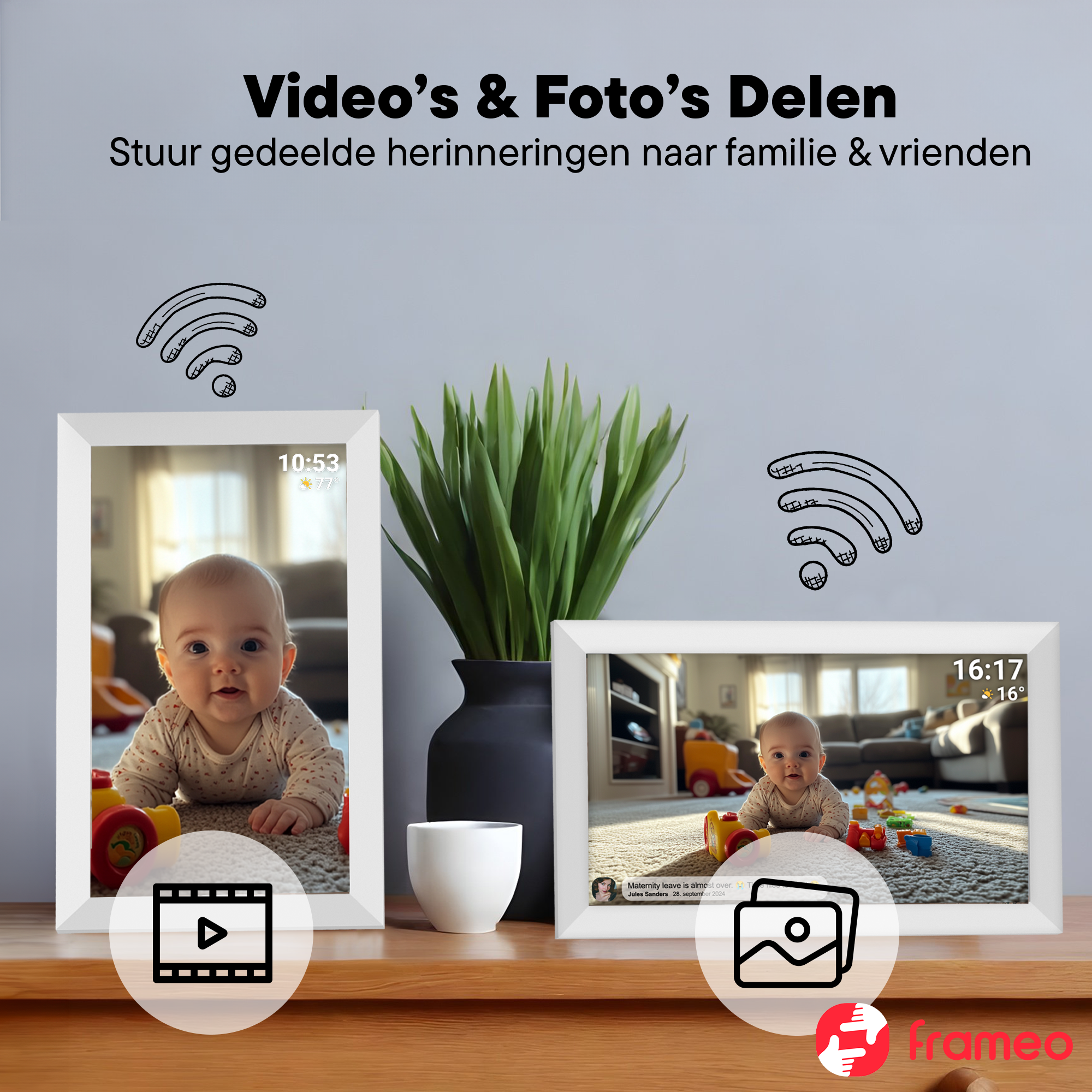 Zwei digitale Fotorahmen zeigen Babys; einer zeigt Video-Symbol, der andere Foto-Symbol.