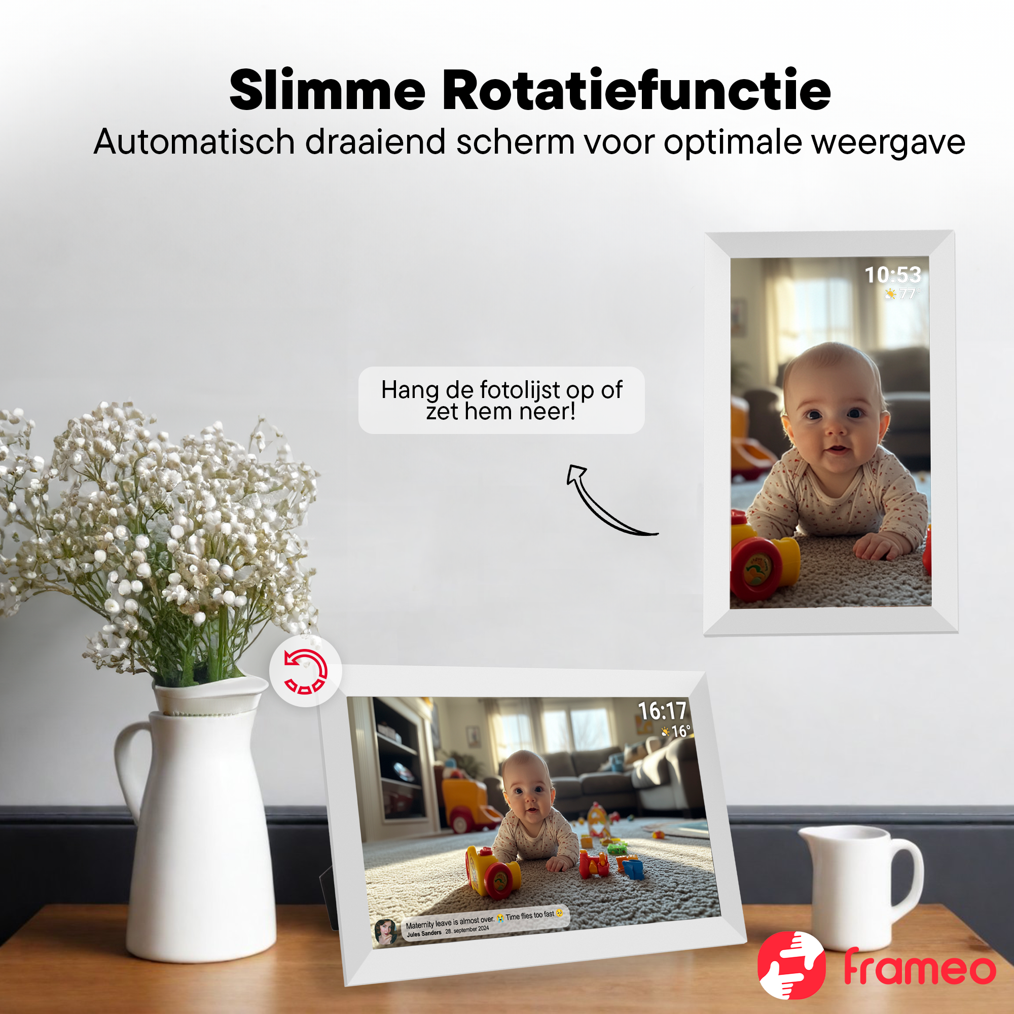 Digitaler Bilderrahmen mit Babyfoto, Blumen und Kanne.