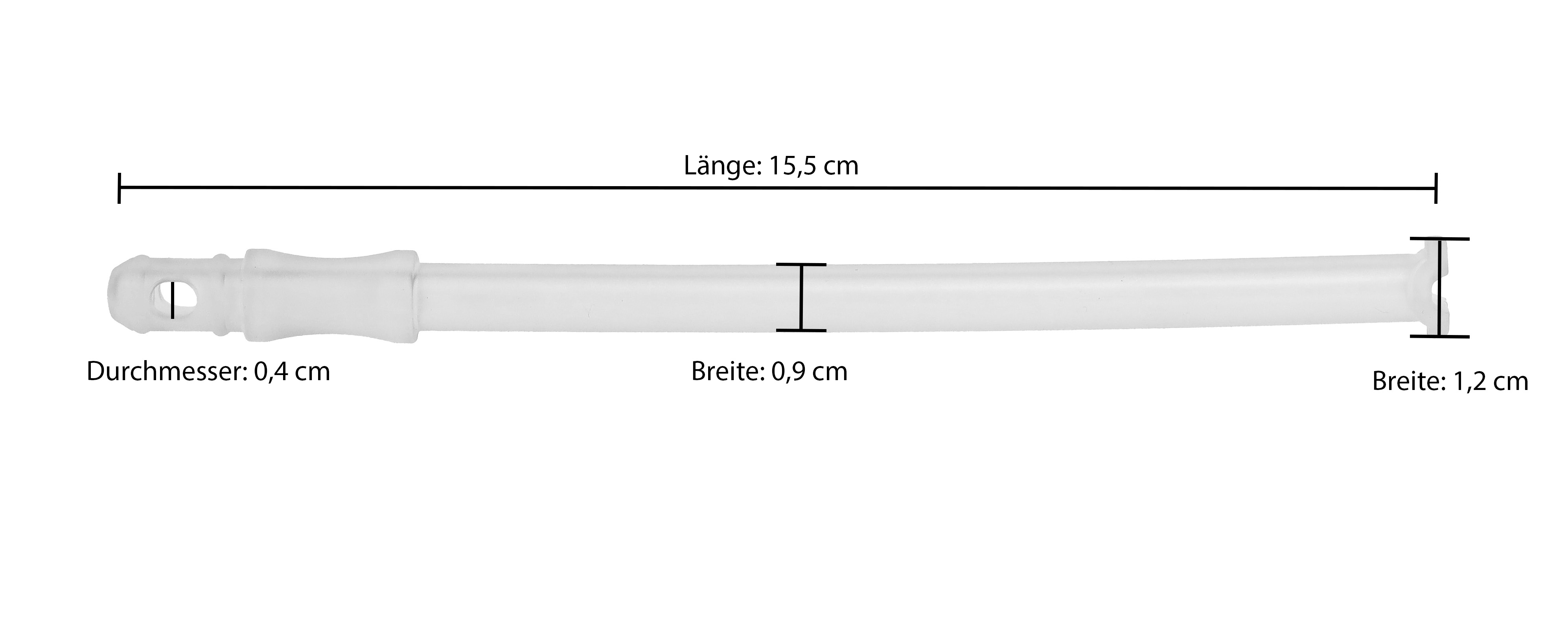Ein weißer Schlauch mit Längenangabe 15,5 cm und Durchmessern.