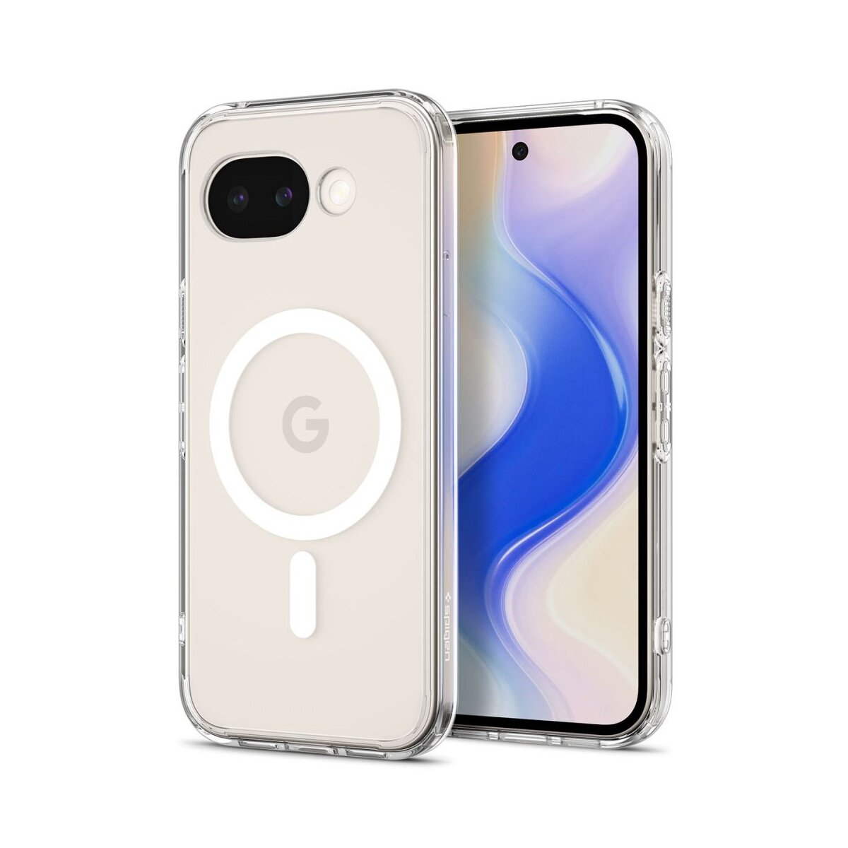 Custodia trasparente con logo Google e anello magnetico su un telefono.