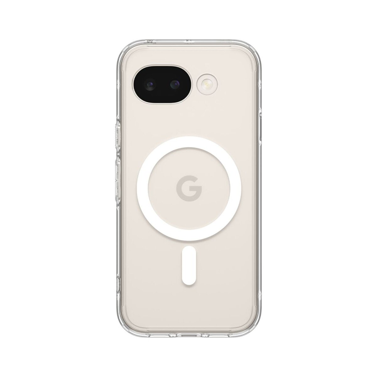 Custodia trasparente per telefono con logo Google bianco e anello magnetico.