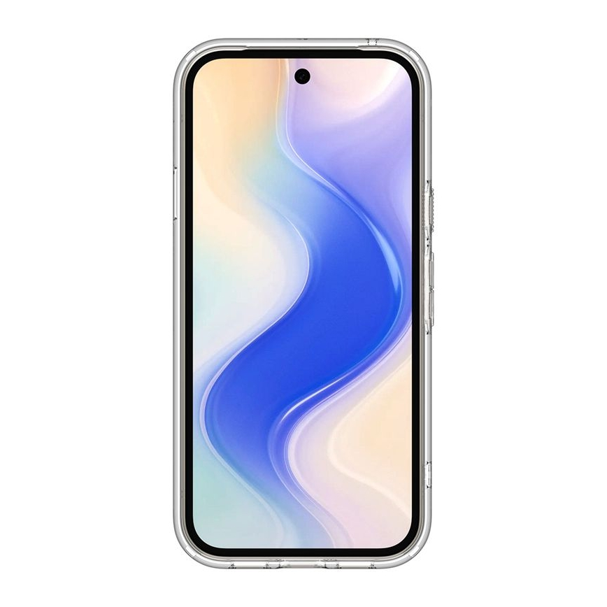 Uno smartphone in custodia trasparente con sfondo astratto.