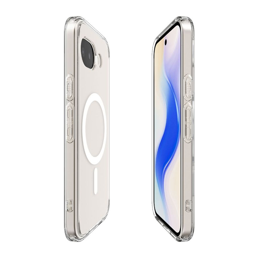 Due custodie trasparenti per telefono, una con anello magnetico, su sfondo bianco.