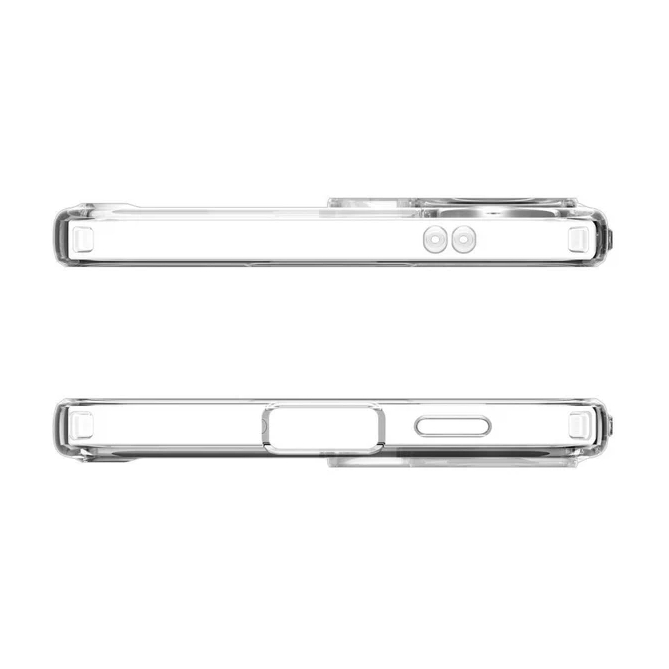 Due viste di una custodia trasparente per telefono con ritaglio fotocamera e pulsanti.