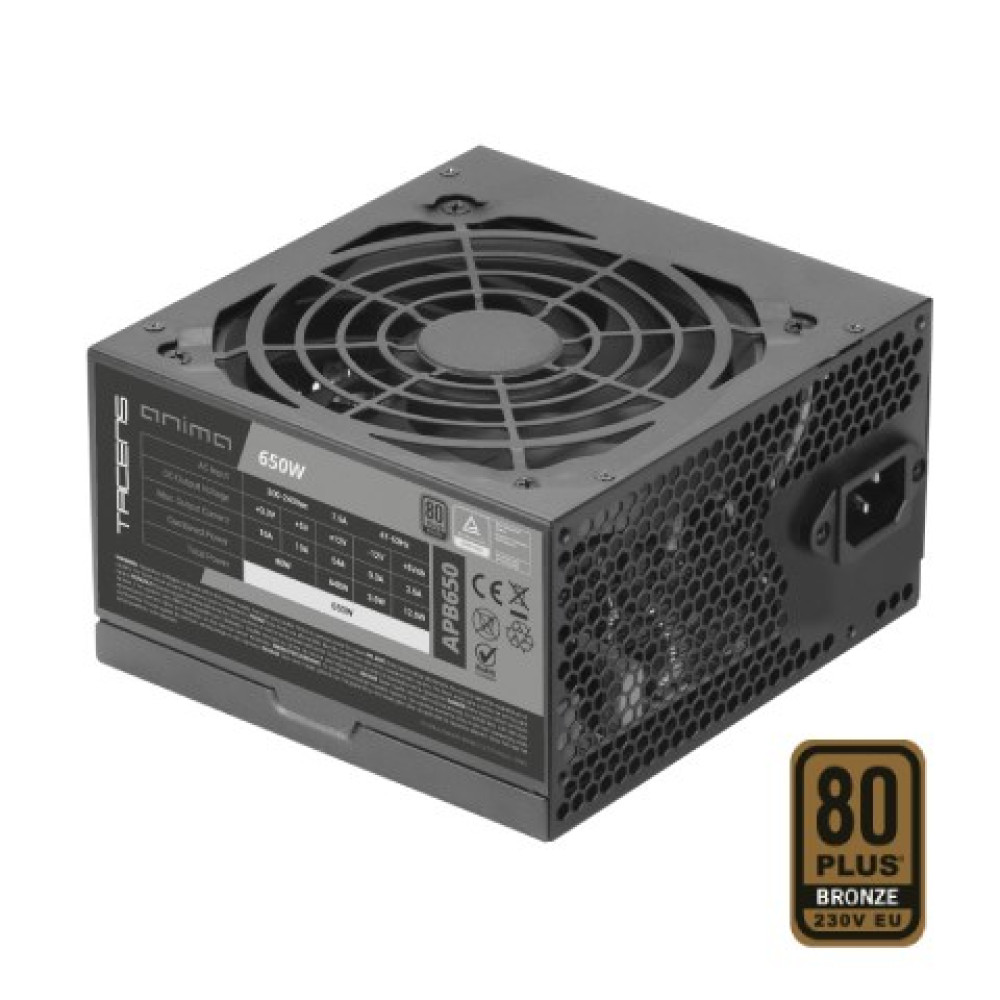 Un alimentatore nero da 650W con griglia della ventola e loghi.
