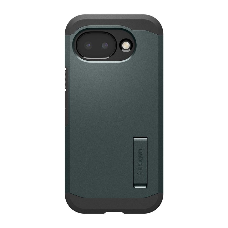Dark green phone case with integrated stand and camera cutout.