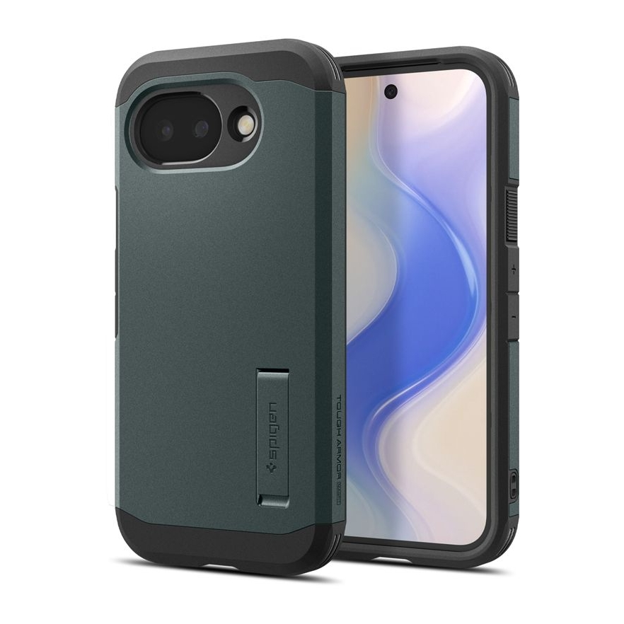 Dark green phone case with a kickstand, showing camera cutout and screen.
