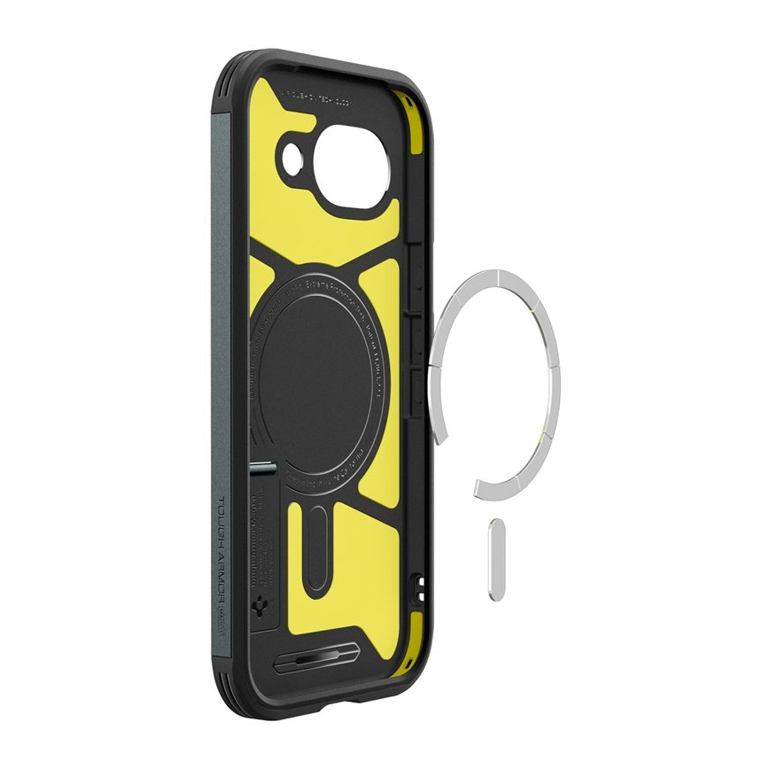 Black phone case with yellow interior and magnetic ring, white background.
