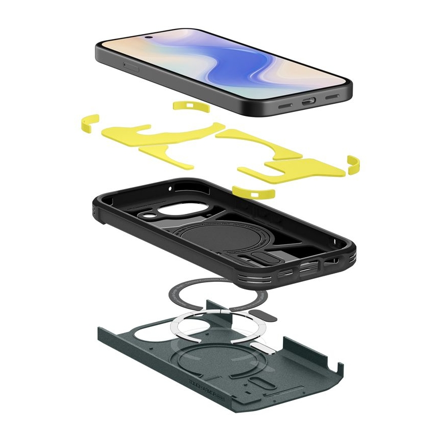 Exploded view of a black phone case with yellow inserts and a magnetic ring.