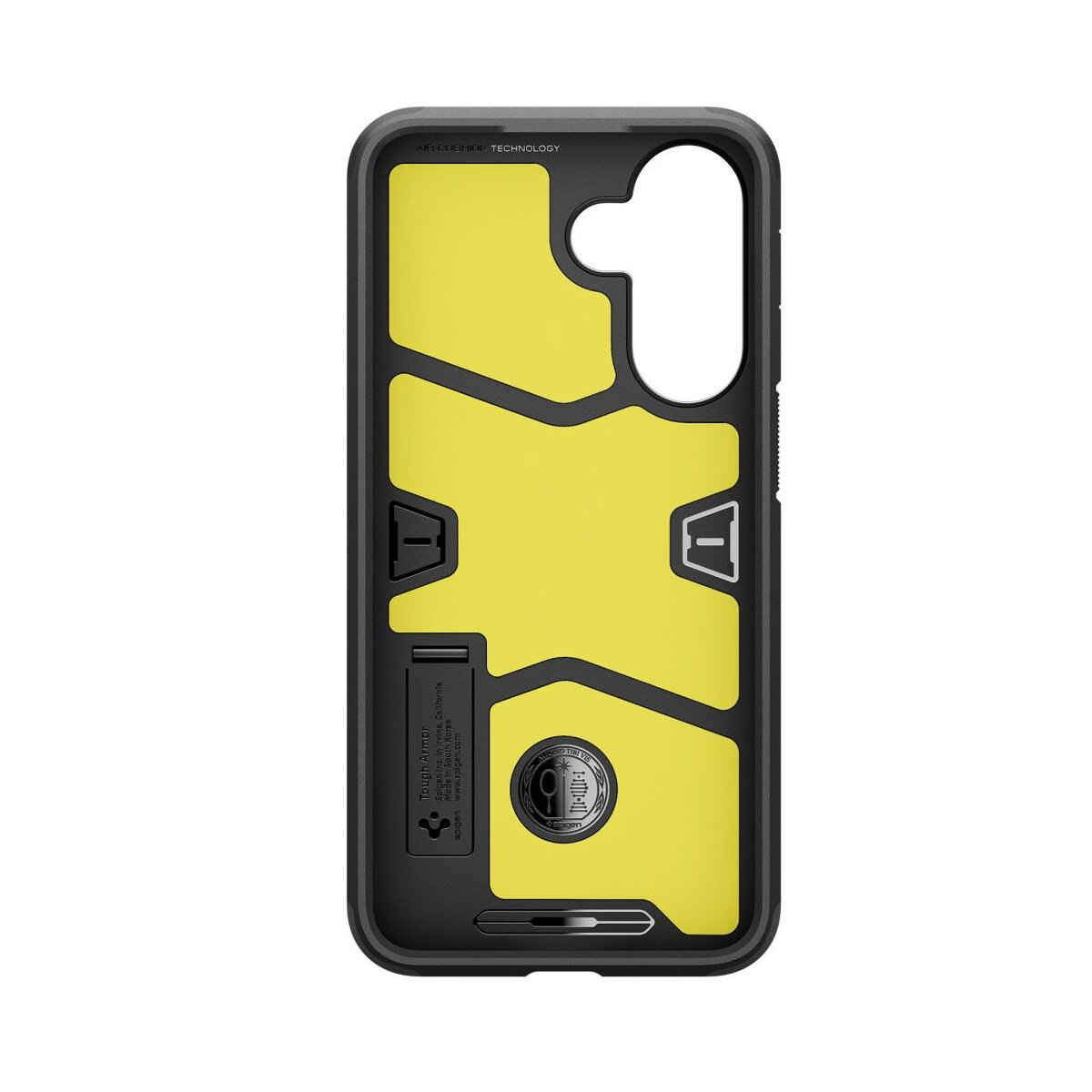 Custodia nera per telefono con interno giallo e tecnologia Air Cushion.