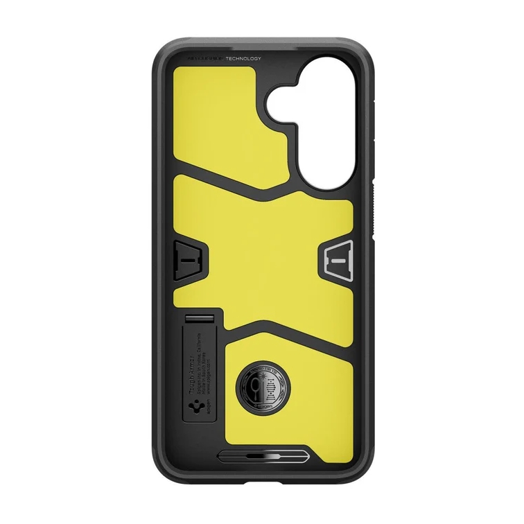 Custodia nera per telefono con interno giallo, cavalletto nero e logo.
