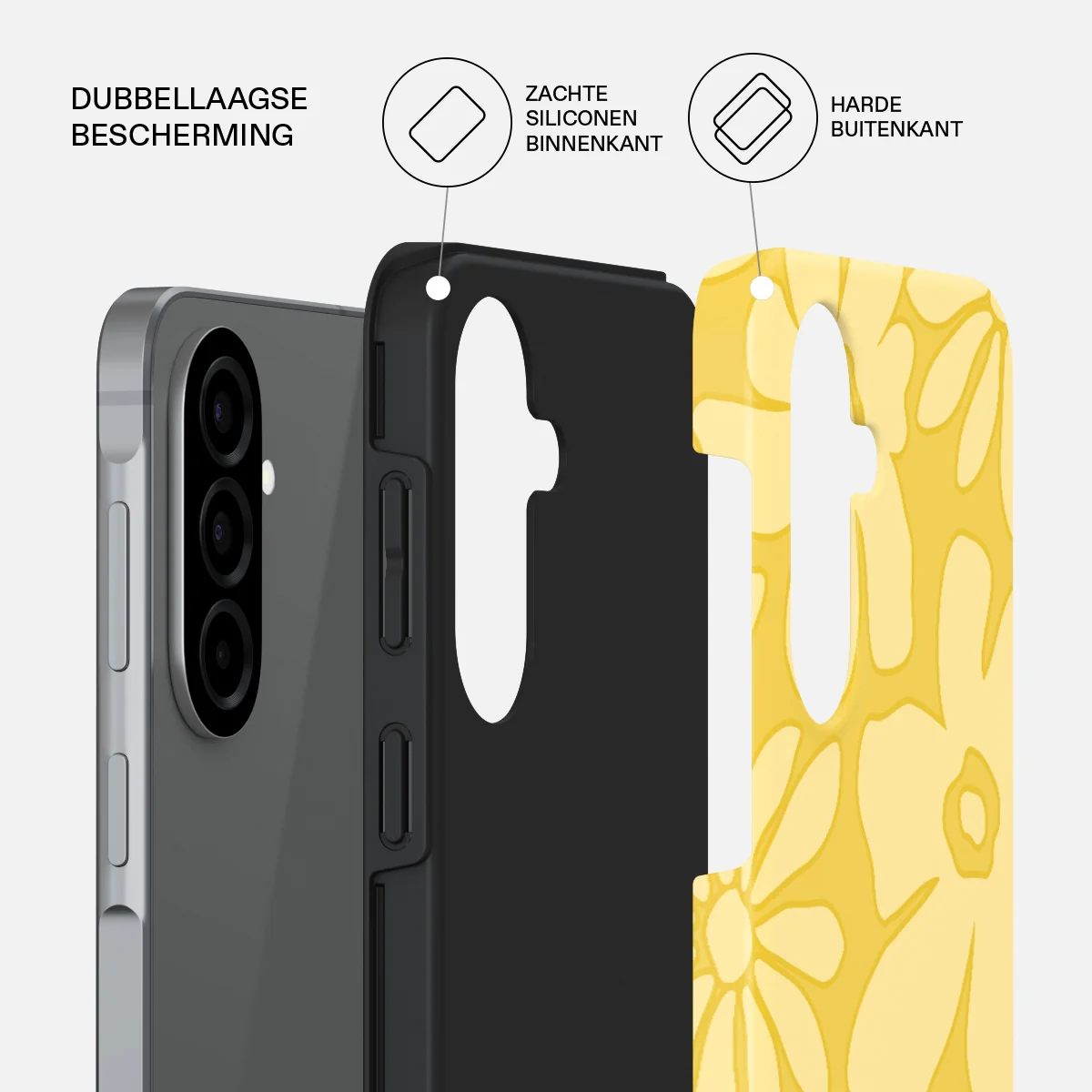 A smartphone with a two-layer protective case: black inner, yellow floral outer layer.