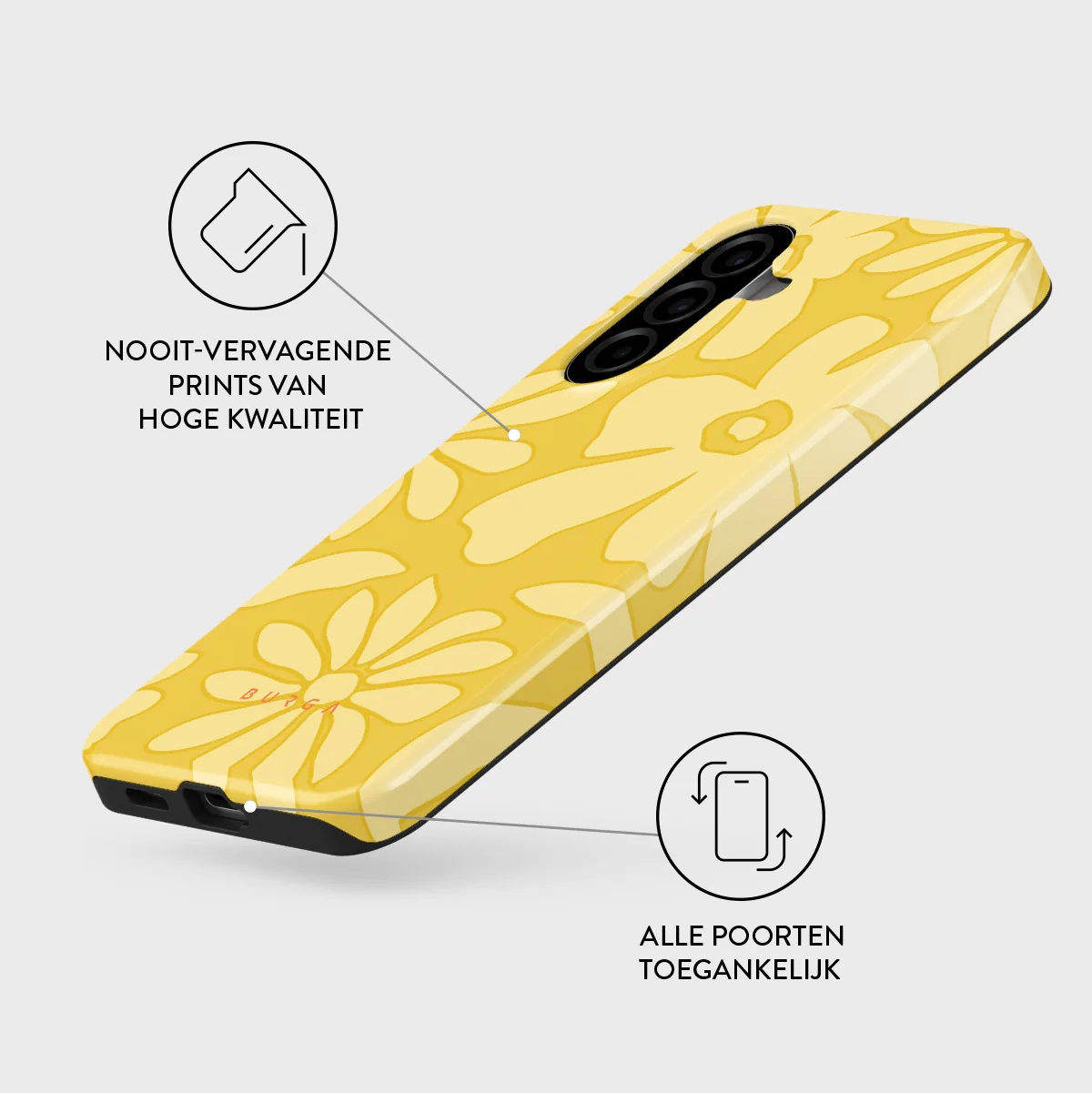 A yellow phone case with a floral pattern, shown rotated on its side.